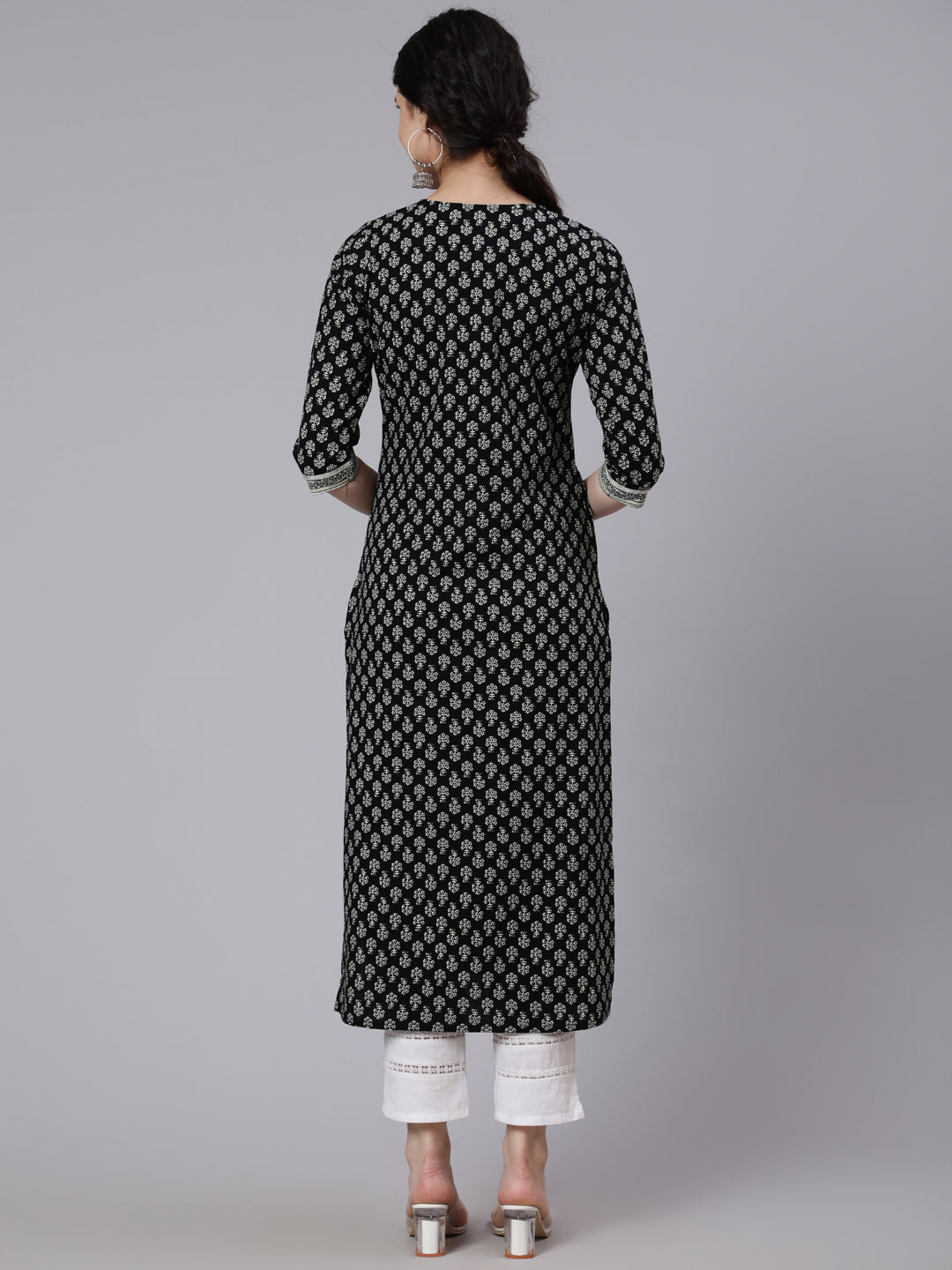 Women Black Printed Straight Kurta With Three Quarter Sleeves | LASVINI - Redefining Indian Fashion with Elegance