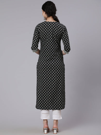 Women Black Printed Straight Kurta With Three Quarter Sleeves | LASVINI - Redefining Indian Fashion with Elegance