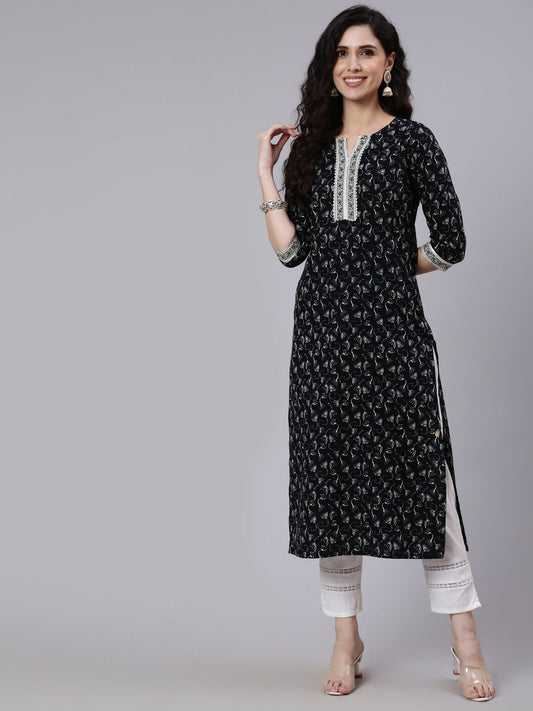 Women Black Printed Straight Kurta With Three Quarter Sleeves | LASVINI - Redefining Indian Fashion with Elegance