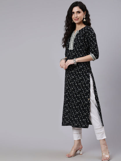 Women Black Printed Straight Kurta With Three Quarter Sleeves | LASVINI - Redefining Indian Fashion with Elegance