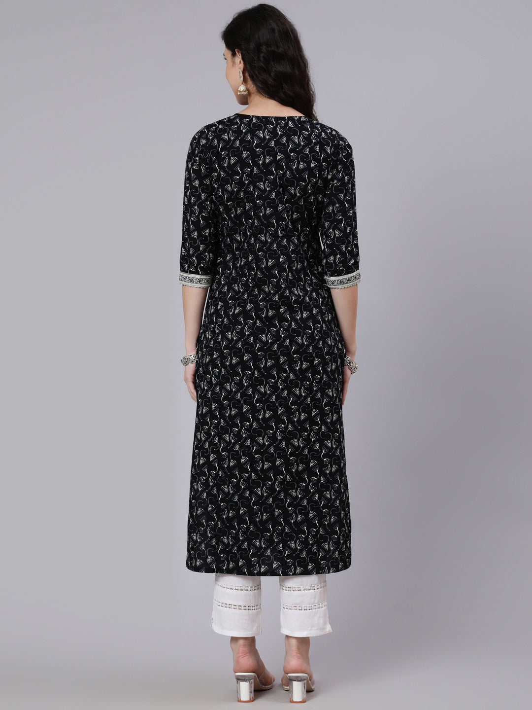 Women Black Printed Straight Kurta With Three Quarter Sleeves | LASVINI - Redefining Indian Fashion with Elegance