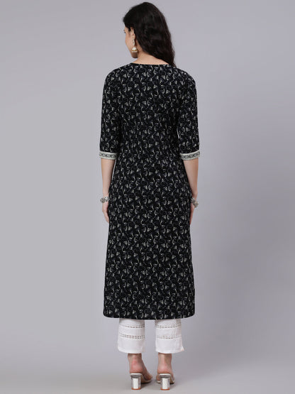 Women Black Printed Straight Kurta With Three Quarter Sleeves | LASVINI - Redefining Indian Fashion with Elegance