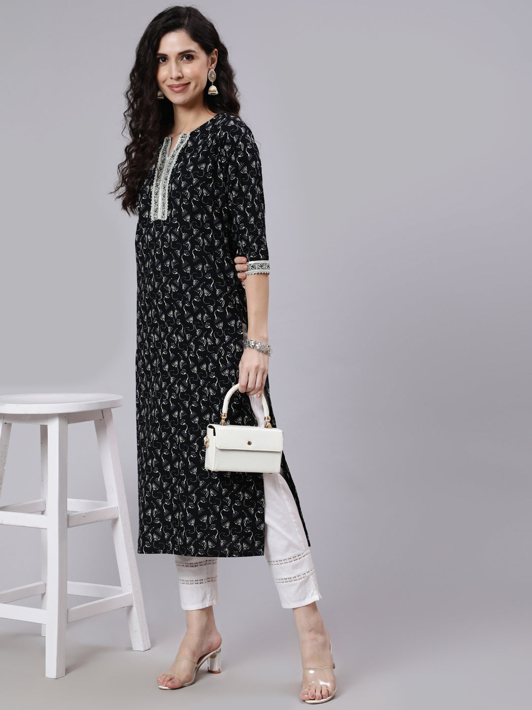 Women Black Printed Straight Kurta With Three Quarter Sleeves | LASVINI - Redefining Indian Fashion with Elegance