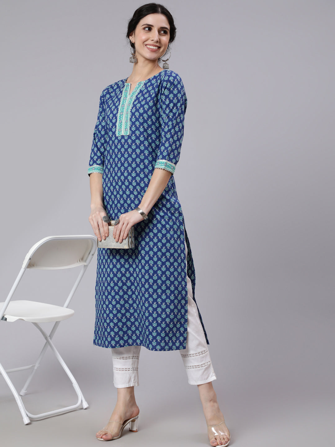 Women Blue Printed Straight Kurta With Three Quarter Sleeves | LASVINI - Redefining Indian Fashion with Elegance