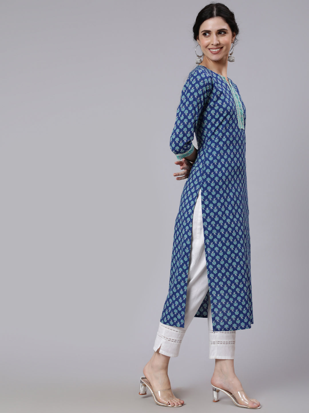 Women Blue Printed Straight Kurta With Three Quarter Sleeves | LASVINI - Redefining Indian Fashion with Elegance