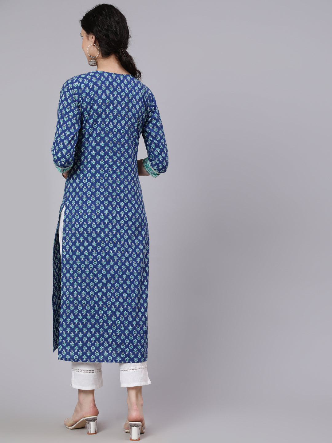 Women Blue Printed Straight Kurta With Three Quarter Sleeves | LASVINI - Redefining Indian Fashion with Elegance