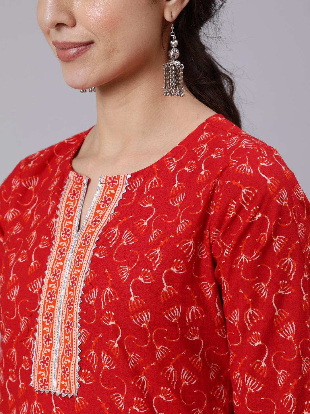 Women Red Printed Straight Kurta With Three Quarter Sleeves | LASVINI - Redefining Indian Fashion with Elegance
