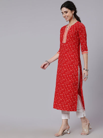 Women Red Printed Straight Kurta With Three Quarter Sleeves | LASVINI - Redefining Indian Fashion with Elegance