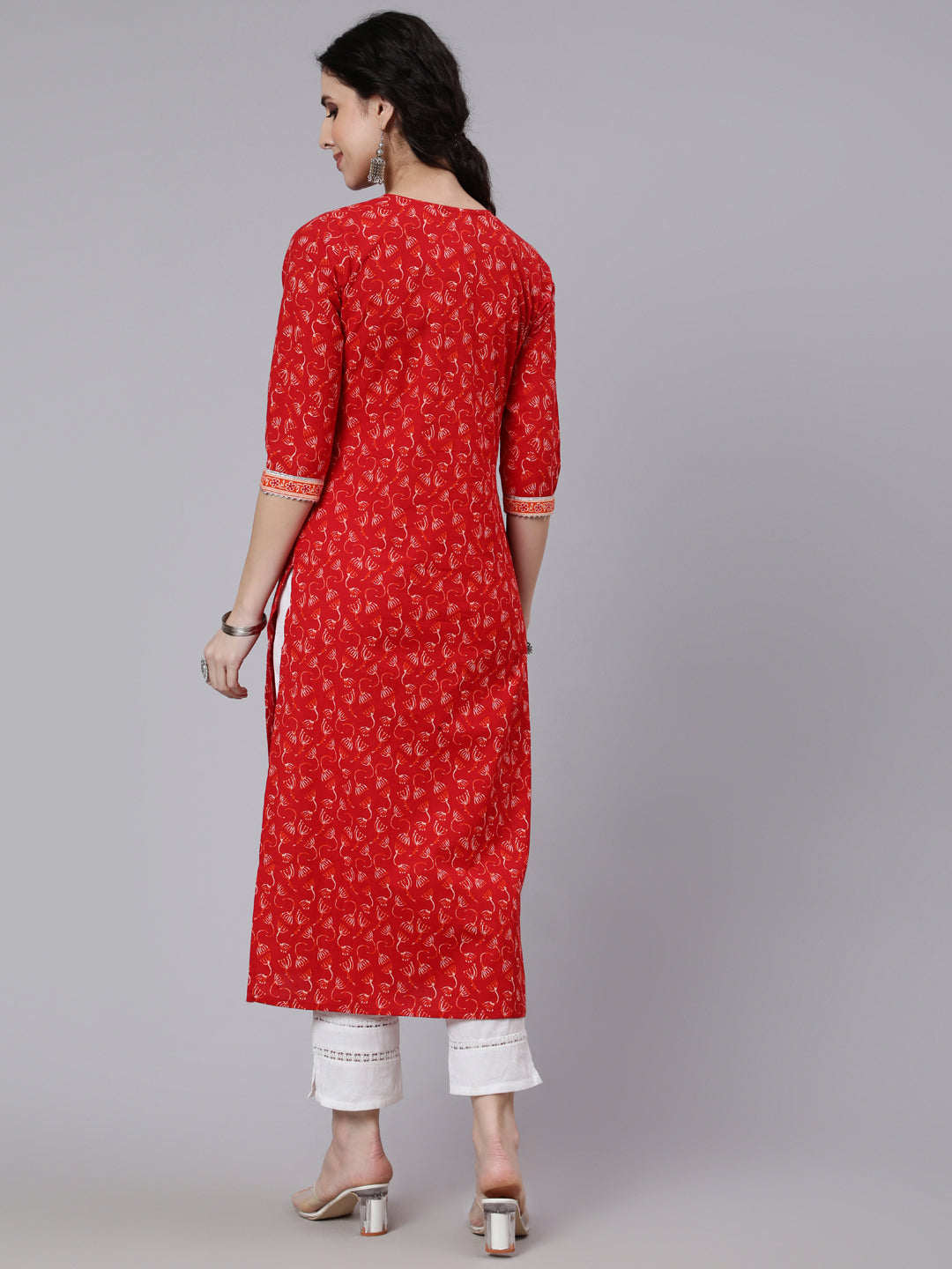 Women Red Printed Straight Kurta With Three Quarter Sleeves | LASVINI - Redefining Indian Fashion with Elegance