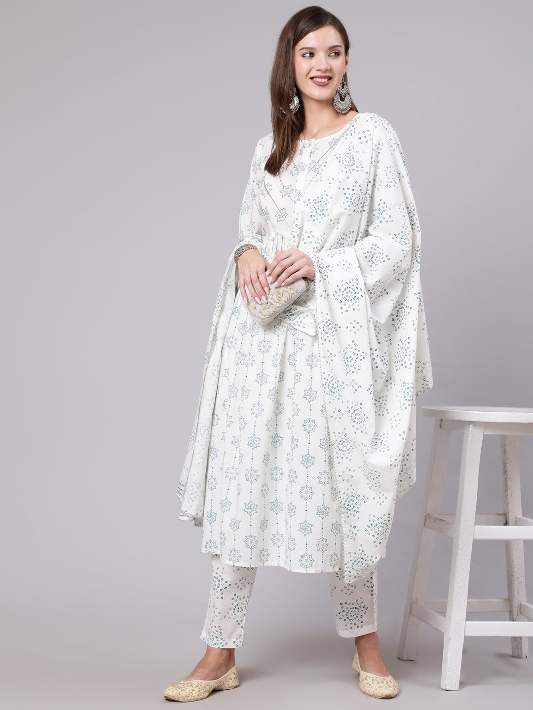 Women Off White Printed Flared Kurta With Trouser & Dupatta | LASVINI - Redefining Indian Fashion with Elegance