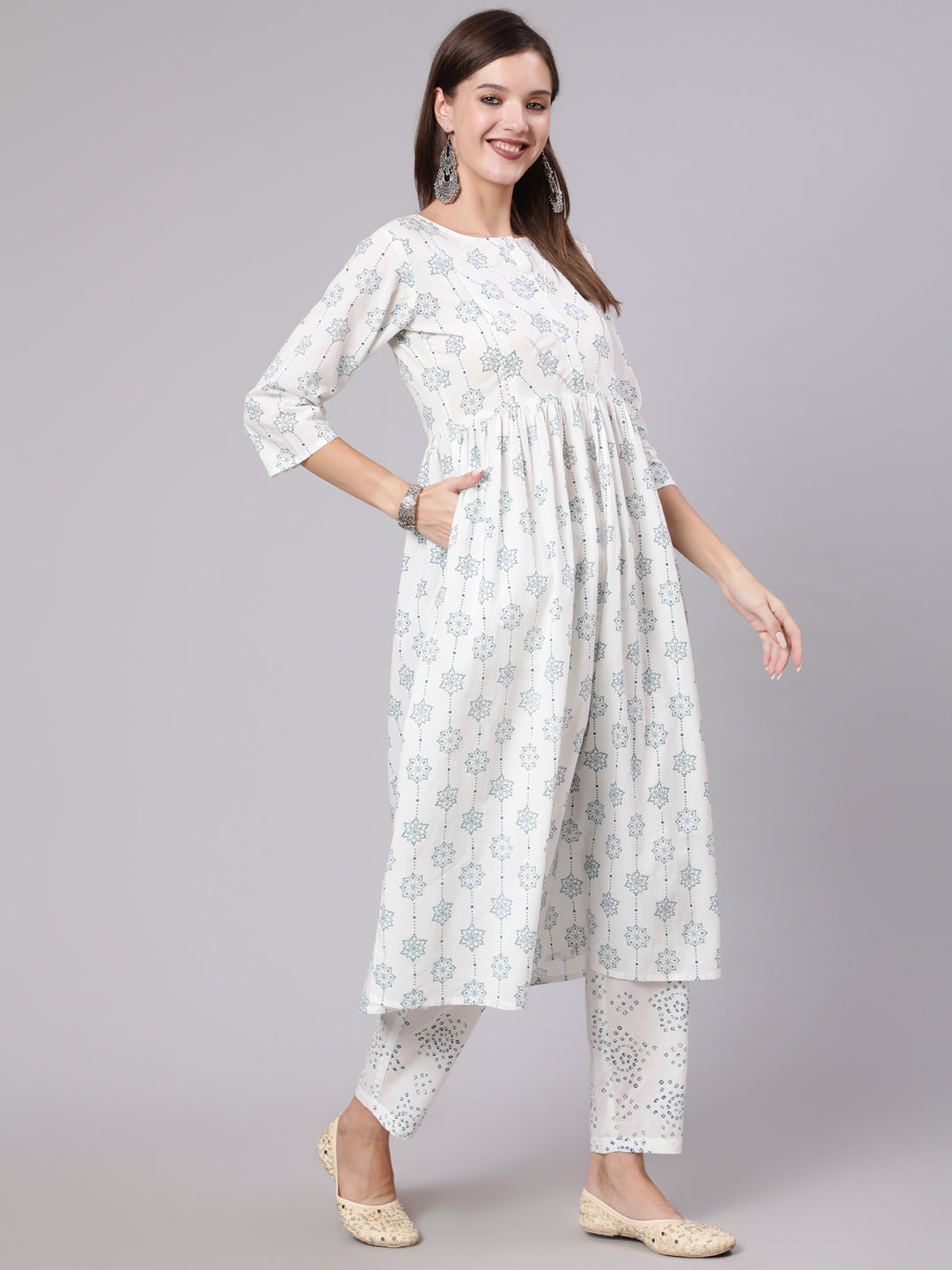Women Off White Printed Flared Kurta With Trouser & Dupatta | LASVINI - Redefining Indian Fashion with Elegance