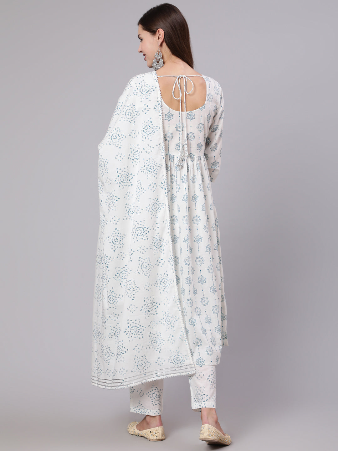 Women Off White Printed Flared Kurta With Trouser & Dupatta | LASVINI - Redefining Indian Fashion with Elegance