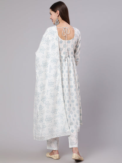 Women Off White Printed Flared Kurta With Trouser & Dupatta | LASVINI - Redefining Indian Fashion with Elegance