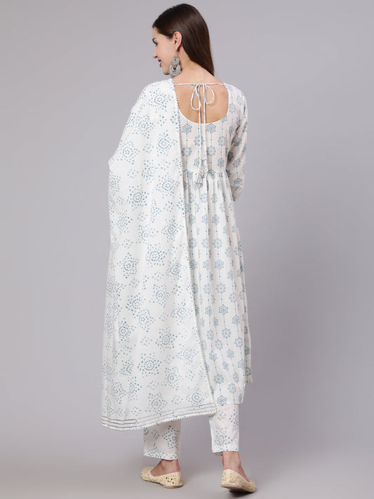 Women Off White Printed Flared Kurta With Trouser & Dupatta | LASVINI - Redefining Indian Fashion with Elegance