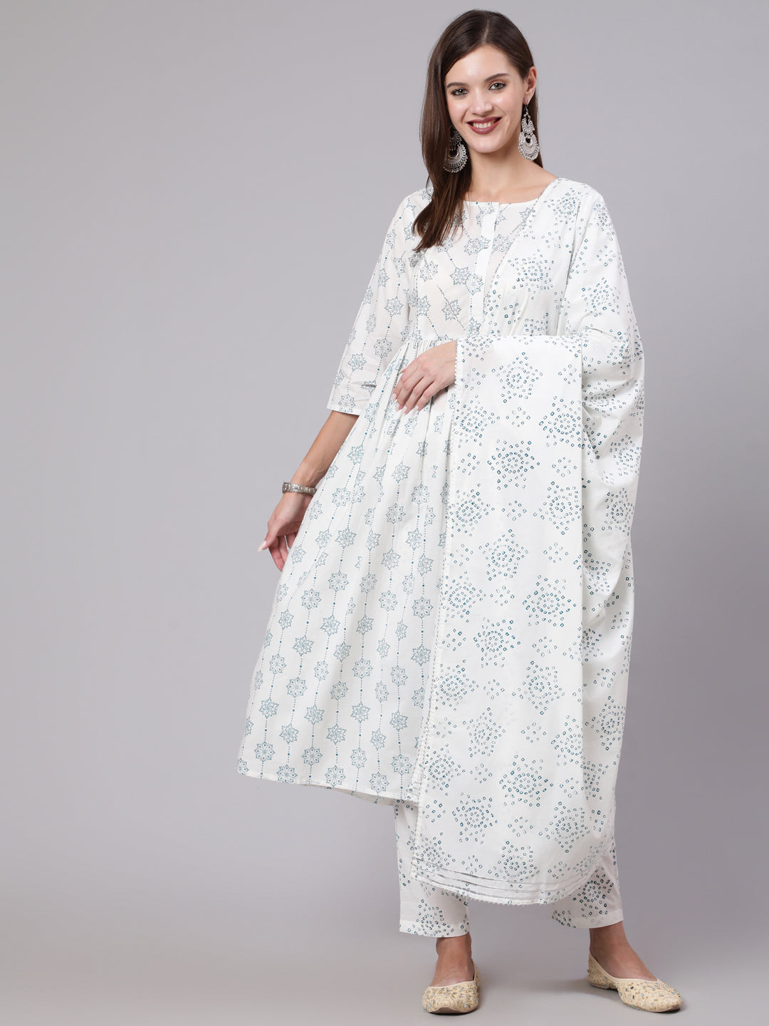 Women Off White Printed Flared Kurta With Trouser & Dupatta | LASVINI - Redefining Indian Fashion with Elegance