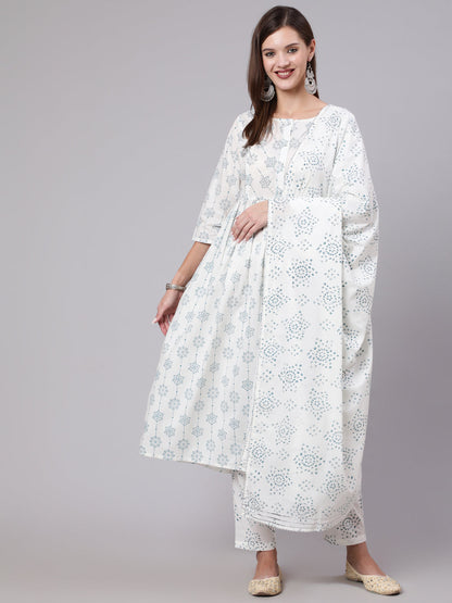 Women Off White Printed Flared Kurta With Trouser & Dupatta | LASVINI - Redefining Indian Fashion with Elegance