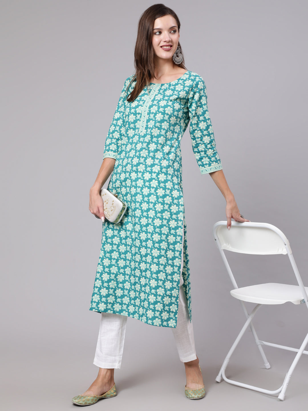 Women Blue Printed Straight Kurta With Three Quarter Sleeves | LASVINI - Redefining Indian Fashion with Elegance