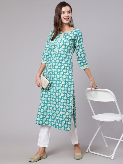 Women Blue Printed Straight Kurta With Three Quarter Sleeves | LASVINI - Redefining Indian Fashion with Elegance