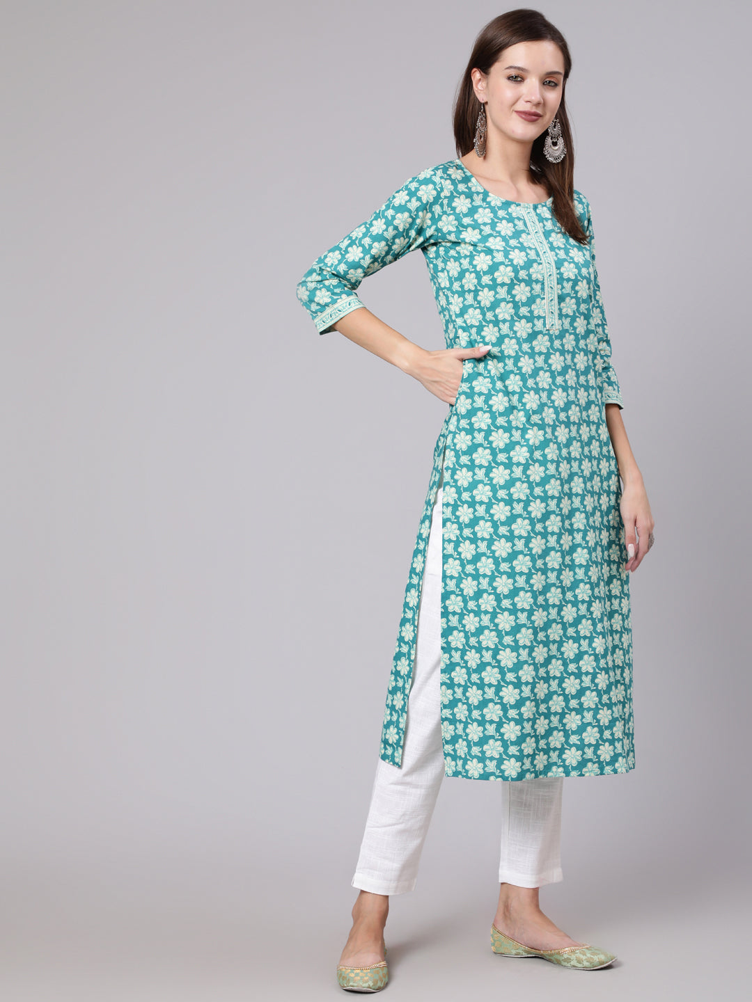 Women Blue Printed Straight Kurta With Three Quarter Sleeves | LASVINI - Redefining Indian Fashion with Elegance
