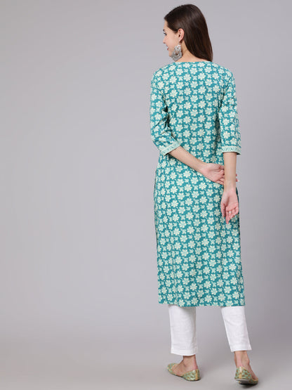 Women Blue Printed Straight Kurta With Three Quarter Sleeves | LASVINI - Redefining Indian Fashion with Elegance