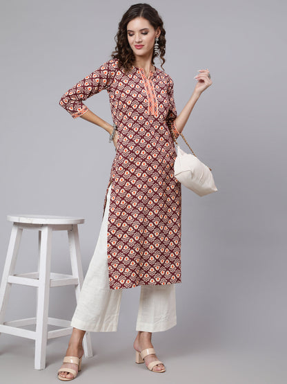 Women Burgundy Printed Straight Kurta With Three Quarter Sleeves | LASVINI - Redefining Indian Fashion with Elegance