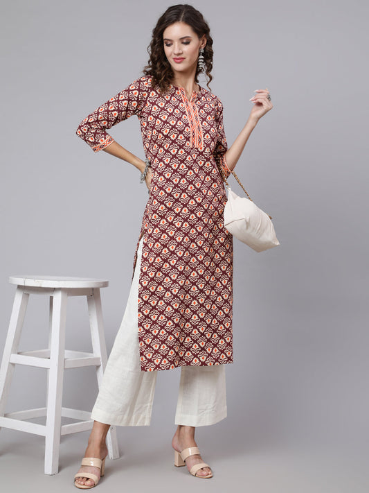 Women Burgundy Printed Straight Kurta With Three Quarter Sleeves | LASVINI - Redefining Indian Fashion with Elegance