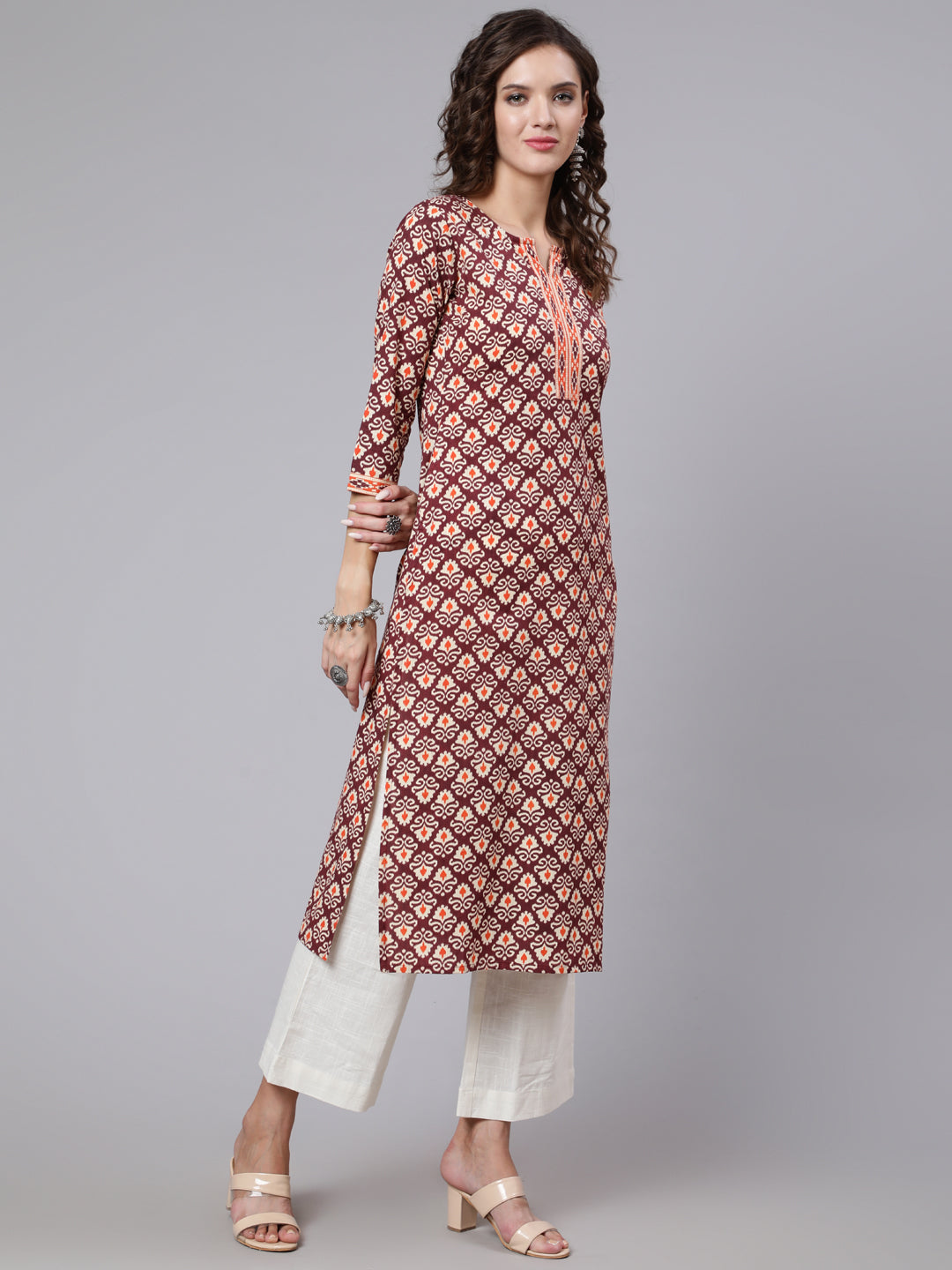 Women Burgundy Printed Straight Kurta With Three Quarter Sleeves | LASVINI - Redefining Indian Fashion with Elegance