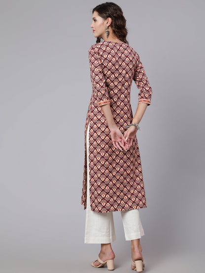 Women Burgundy Printed Straight Kurta With Three Quarter Sleeves | LASVINI - Redefining Indian Fashion with Elegance
