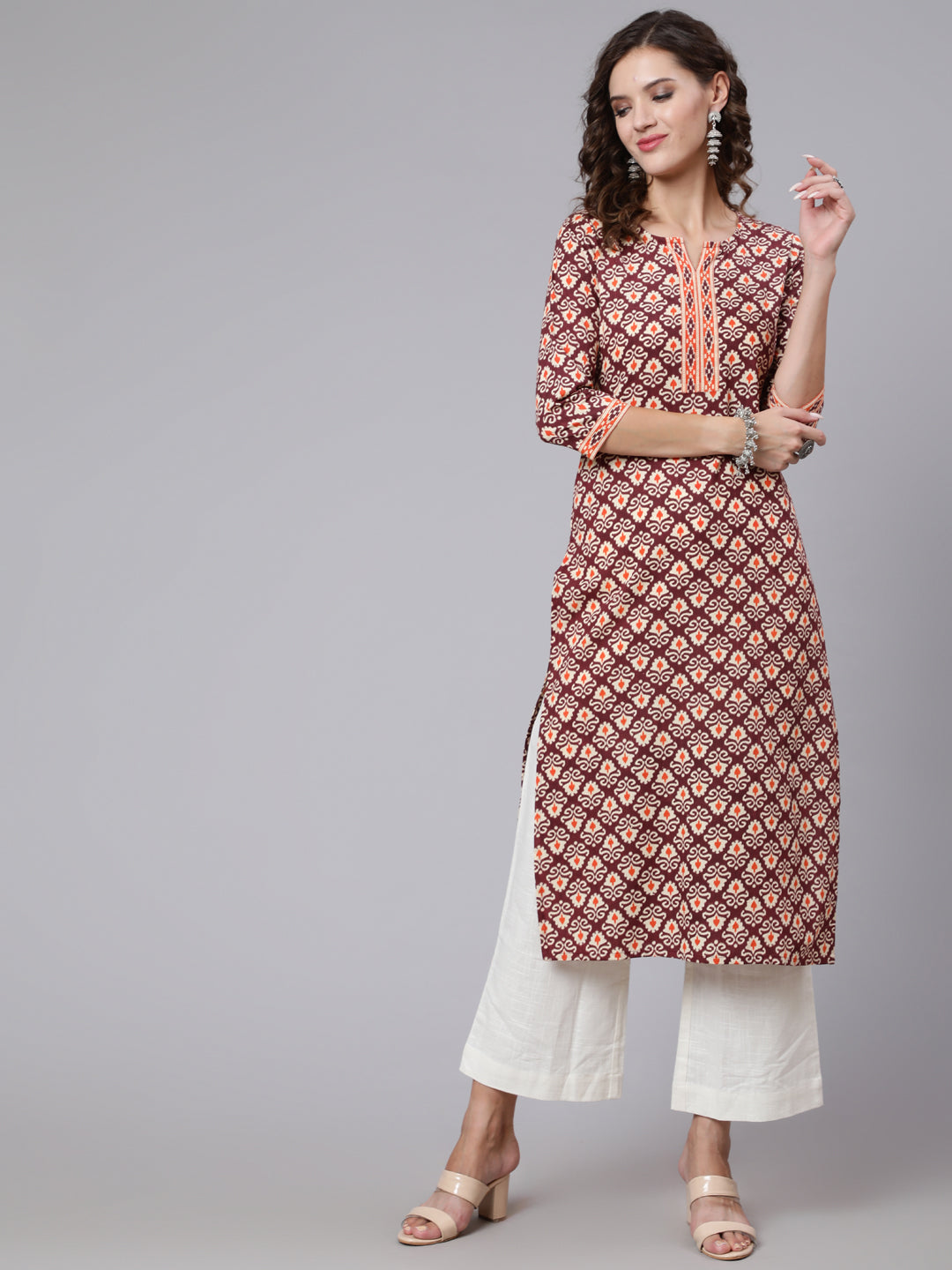 Women Burgundy Printed Straight Kurta With Three Quarter Sleeves | LASVINI - Redefining Indian Fashion with Elegance