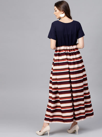 Multi Colored Maxi Dress With Round Neck And Half Sleeves | LASVINI - Redefining Indian Fashion with Elegance