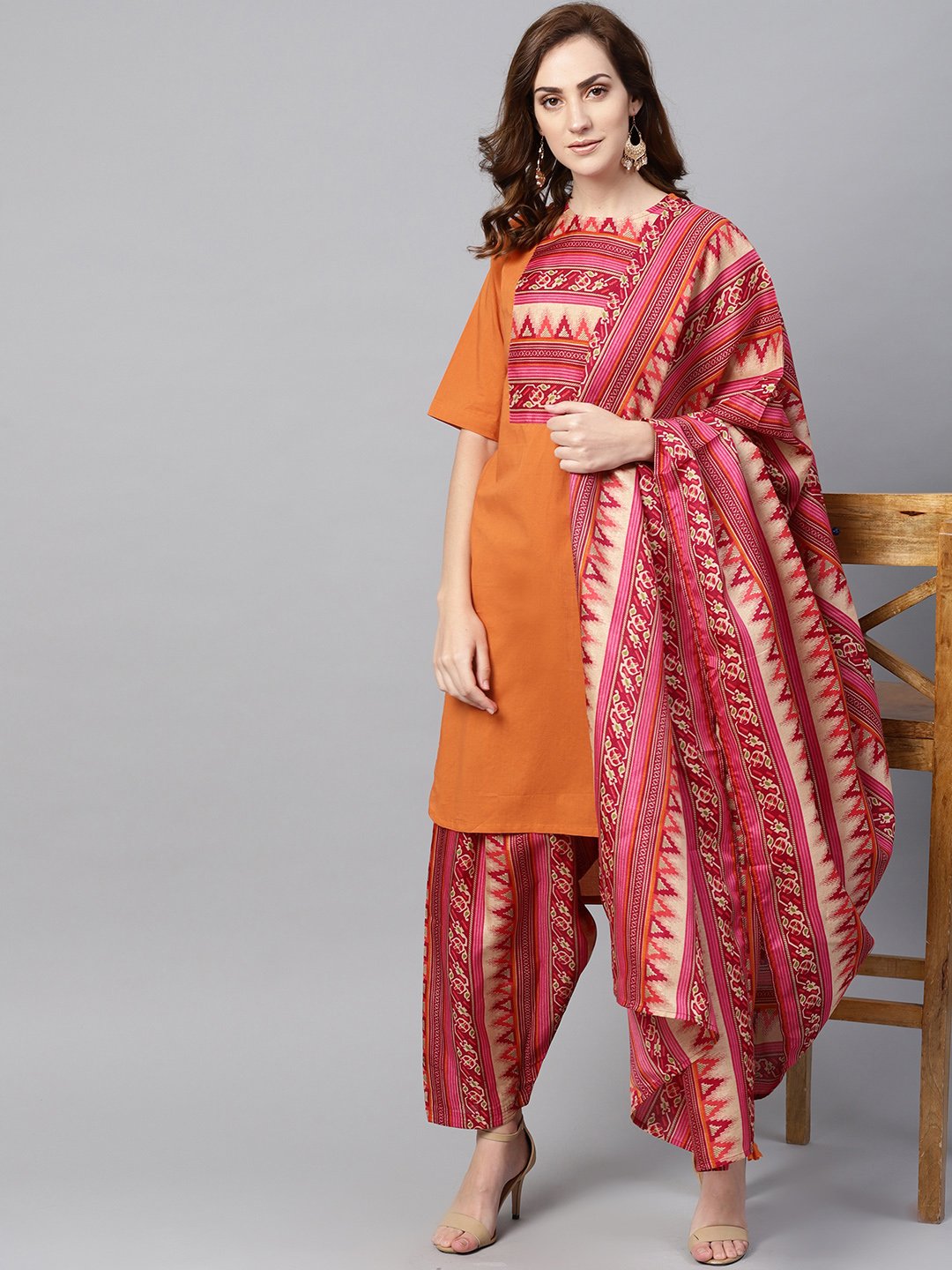 Red Half Sleeve Printed Cotton Kurta With Printed Palazzo And Dupatta | LASVINI - Redefining Indian Fashion with Elegance