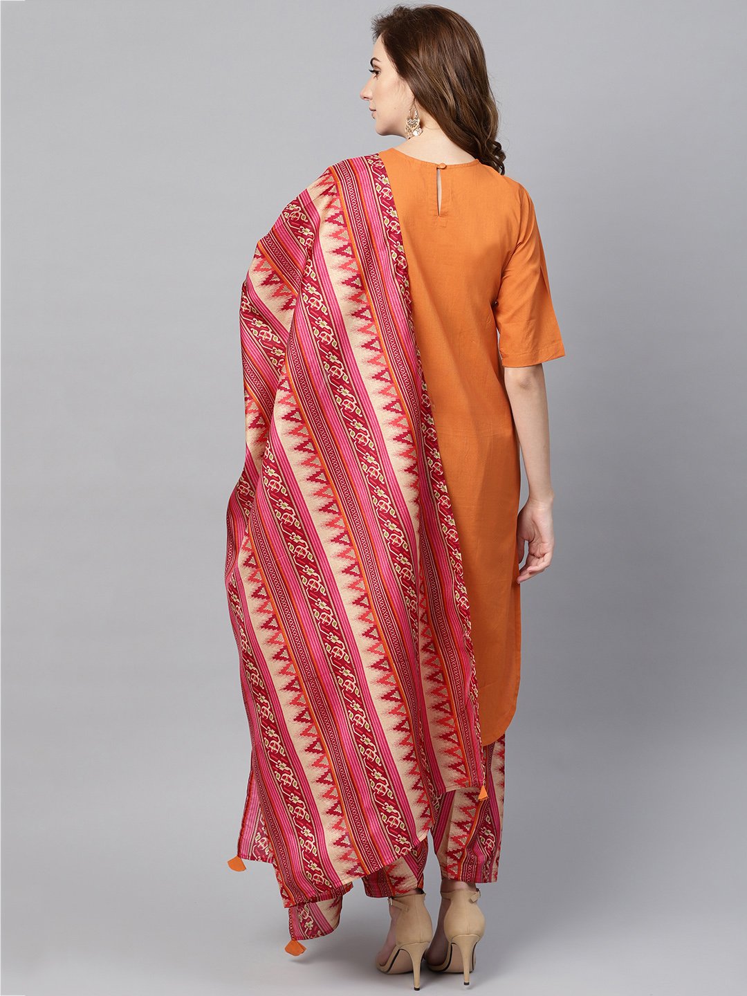 Red Half Sleeve Printed Cotton Kurta With Printed Palazzo And Dupatta | LASVINI - Redefining Indian Fashion with Elegance