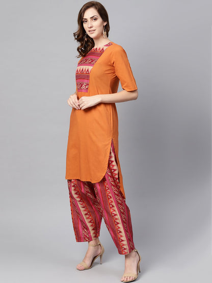 Red Half Sleeve Printed Cotton Kurta With Printed Palazzo And Dupatta | LASVINI - Redefining Indian Fashion with Elegance