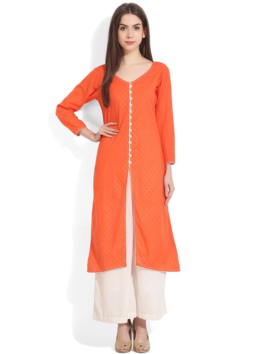 Women Orange Woven Design A-Line Kurta | LASVINI - Redefining Indian Fashion with Elegance