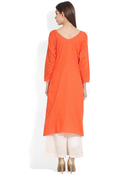 Women Orange Woven Design A-Line Kurta | LASVINI - Redefining Indian Fashion with Elegance