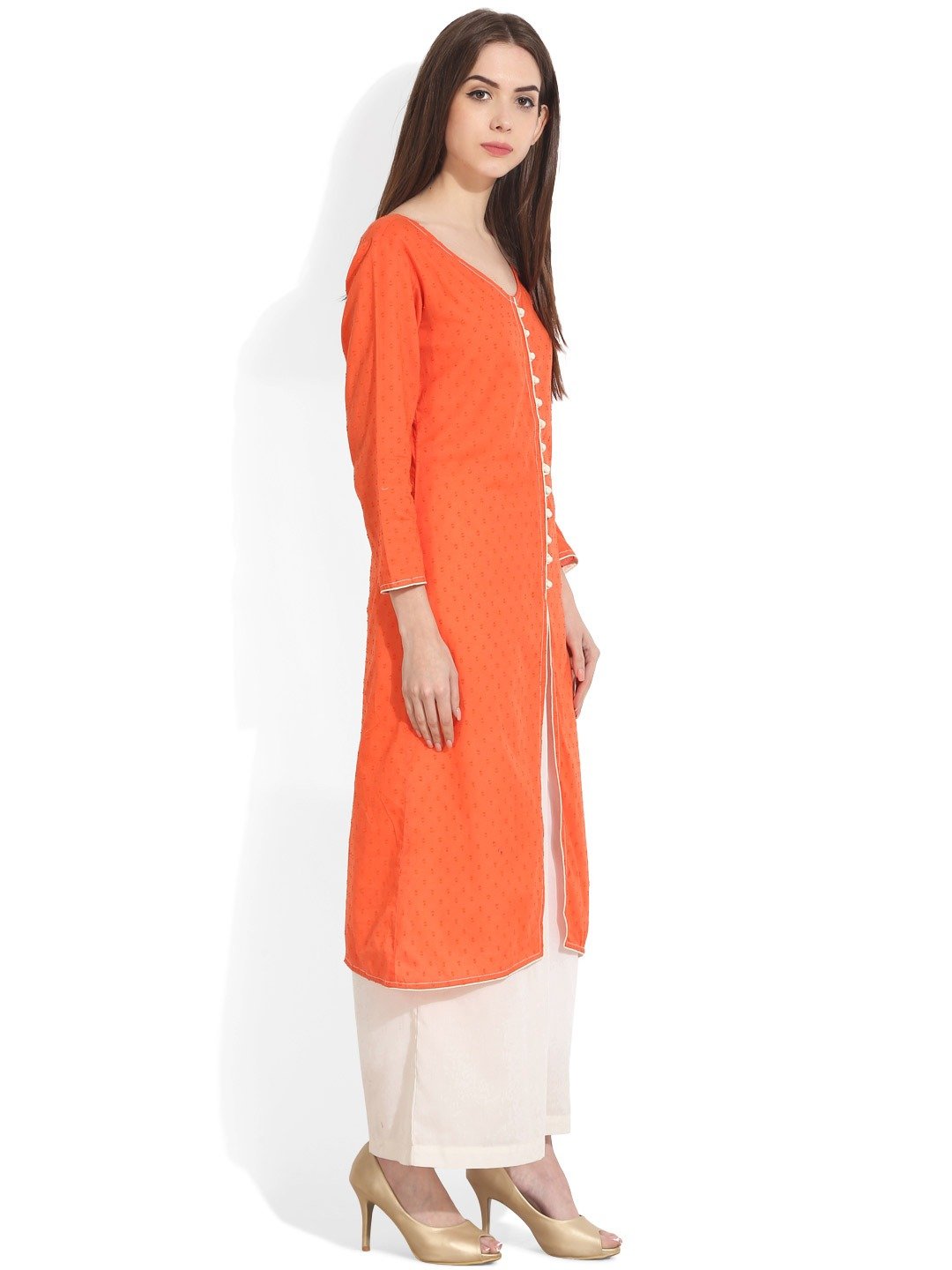 Women Orange Woven Design A-Line Kurta | LASVINI - Redefining Indian Fashion with Elegance