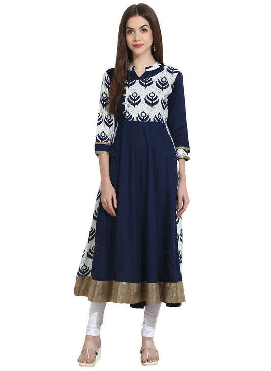 Navy Blue With Printed Yoke 3/4Th Sleeve Cotton Anarkali | LASVINI - Redefining Indian Fashion with Elegance