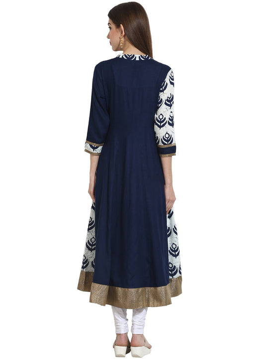 Navy Blue With Printed Yoke 3/4Th Sleeve Cotton Anarkali | LASVINI - Redefining Indian Fashion with Elegance