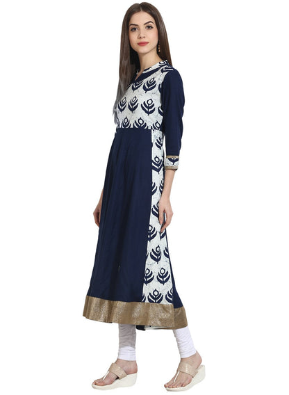 Navy Blue With Printed Yoke 3/4Th Sleeve Cotton Anarkali | LASVINI - Redefining Indian Fashion with Elegance
