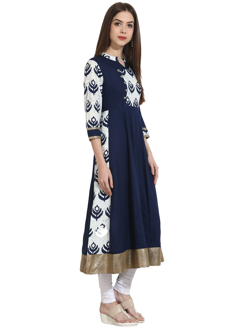Navy Blue With Printed Yoke 3/4Th Sleeve Cotton Anarkali | LASVINI - Redefining Indian Fashion with Elegance