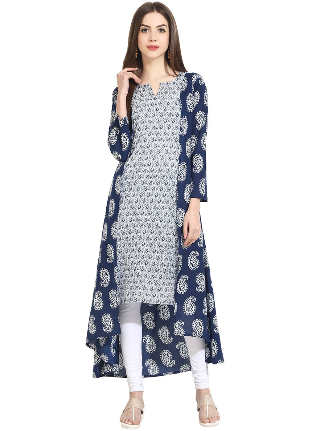 Blue Indigo Theme Printed 3/4Th Sleeve Assymetrical Rayon Kurta | LASVINI - Redefining Indian Fashion with Elegance