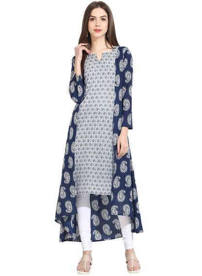 Blue Indigo Theme Printed 3/4Th Sleeve Assymetrical Rayon Kurta | LASVINI - Redefining Indian Fashion with Elegance