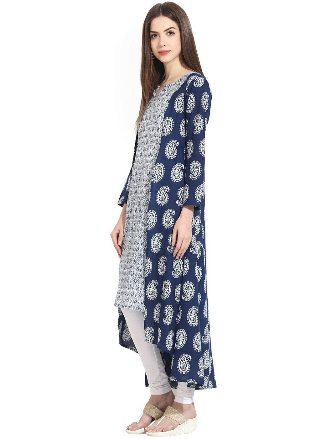Blue Indigo Theme Printed 3/4Th Sleeve Assymetrical Rayon Kurta | LASVINI - Redefining Indian Fashion with Elegance