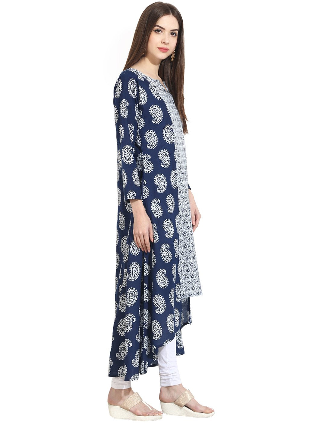 Blue Indigo Theme Printed 3/4Th Sleeve Assymetrical Rayon Kurta | LASVINI - Redefining Indian Fashion with Elegance