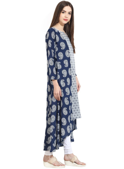 Blue Indigo Theme Printed 3/4Th Sleeve Assymetrical Rayon Kurta | LASVINI - Redefining Indian Fashion with Elegance