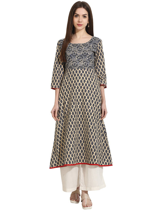 Beige Color 3/4Th Sleeve Cotton A-Line Kurta | LASVINI - Redefining Indian Fashion with Elegance
