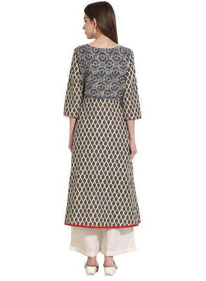 Beige Color 3/4Th Sleeve Cotton A-Line Kurta | LASVINI - Redefining Indian Fashion with Elegance