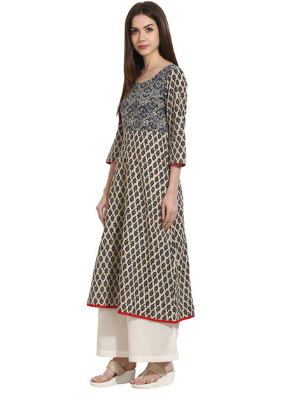 Beige Color 3/4Th Sleeve Cotton A-Line Kurta | LASVINI - Redefining Indian Fashion with Elegance