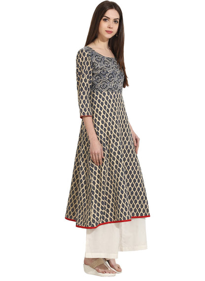Beige Color 3/4Th Sleeve Cotton A-Line Kurta | LASVINI - Redefining Indian Fashion with Elegance