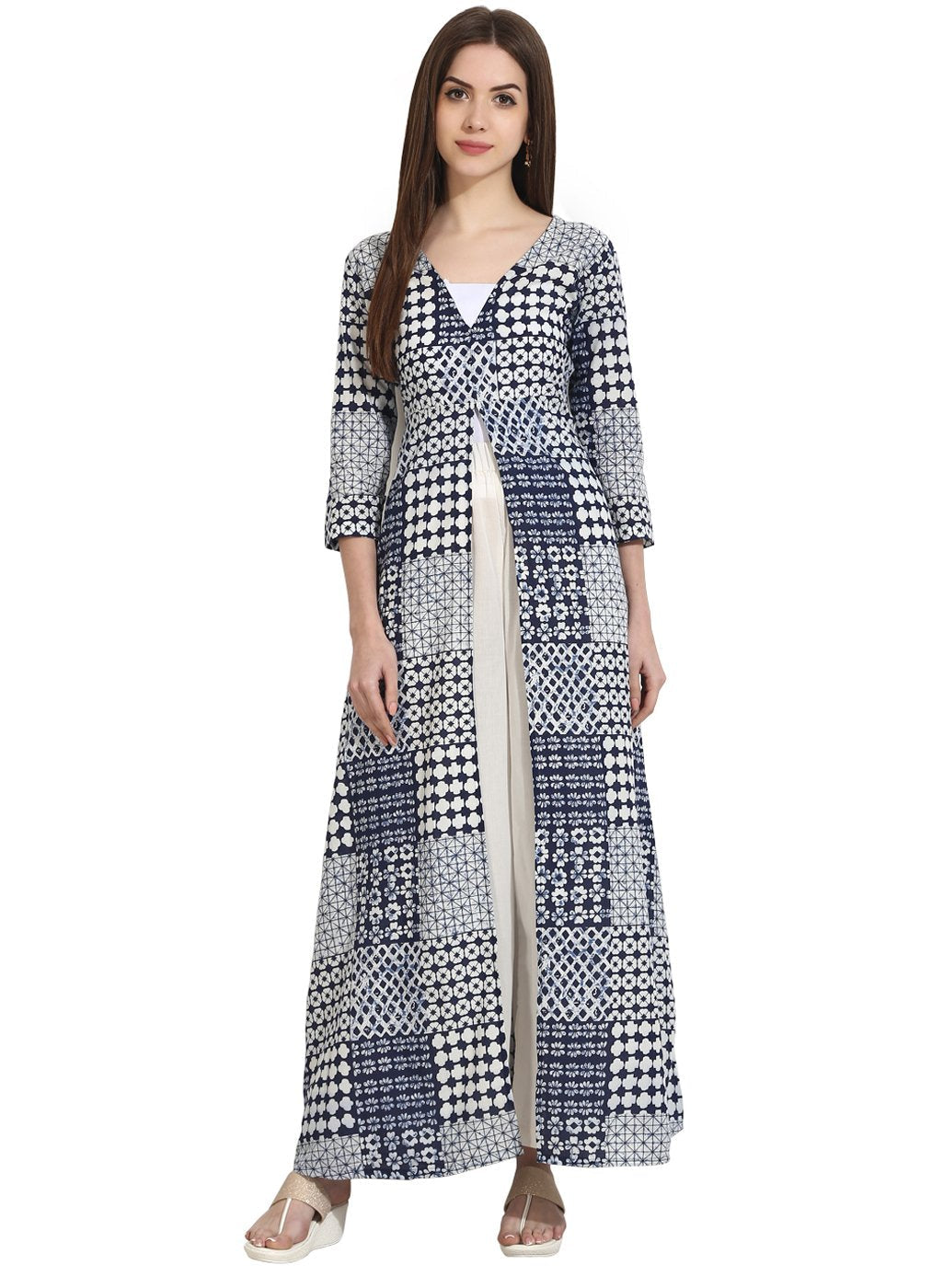 Blue Printed 3/4Th Sleeve Floor Length Open Kurta | LASVINI - Redefining Indian Fashion with Elegance